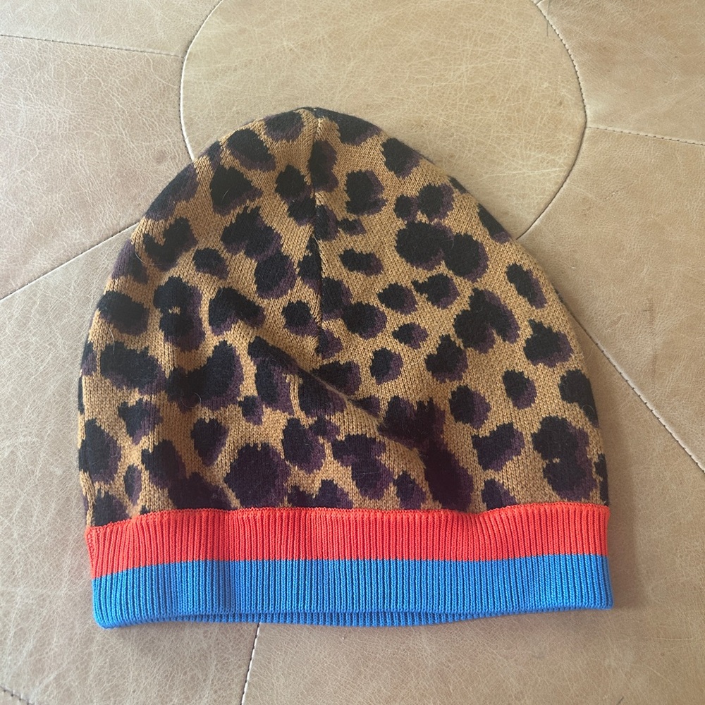 Leopard Print Beanie with Red and Blue Trim